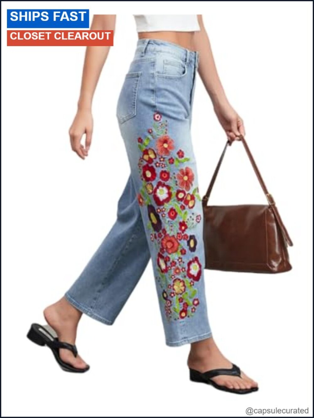 EZAPINE Mid Rise Floral Print Cropped Straight Leg Jeans Womens Ankle Denim